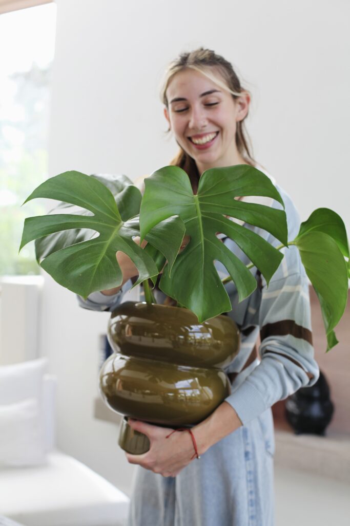 Mujer con Monstera deliciosa sana y frondosa en maceta cerámica verde oliva, cuidados riego y ubicación ideal